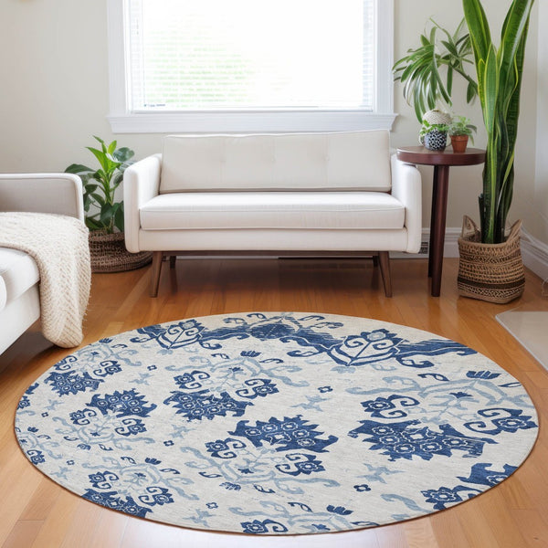 HomeRoots 8' Navy Blue and Ivory Medallion Round Rug – Washable, UV-Protected, Stylish Design for Any Space 663777