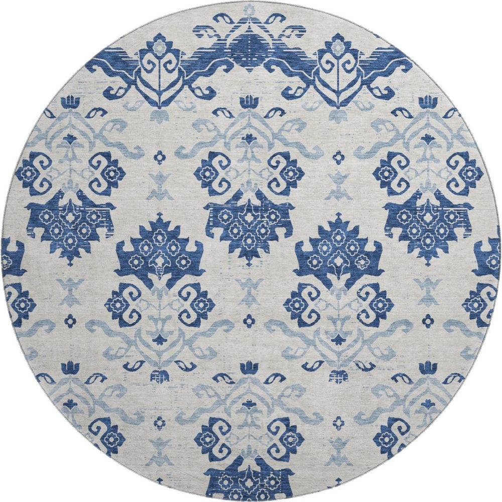 HomeRoots 8' Navy Blue and Ivory Medallion Round Rug – Washable, UV-Protected, Stylish Design for Any Space 663777