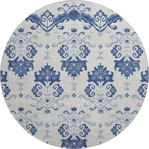 HomeRoots 8' Navy Blue and Ivory Medallion Round Rug – Washable, UV-Protected, Stylish Design for Any Space 663777
