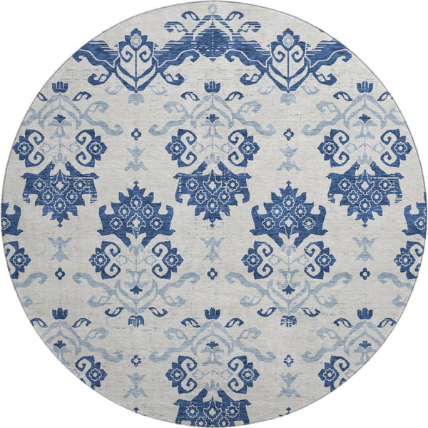 HomeRoots 8' Navy Blue and Ivory Medallion Round Rug – Washable, UV-Protected, Stylish Design for Any Space 663777