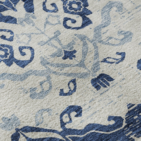 HomeRoots 8' Navy Blue and Ivory Medallion Round Rug – Washable, UV-Protected, Stylish Design for Any Space 663777