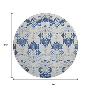 HomeRoots 8' Navy Blue and Ivory Medallion Round Rug – Washable, UV-Protected, Stylish Design for Any Space 663777