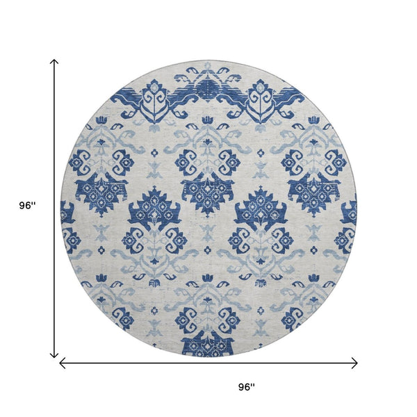 HomeRoots 8' Navy Blue and Ivory Medallion Round Rug – Washable, UV-Protected, Stylish Design for Any Space 663777