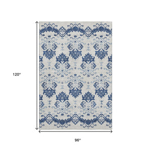 HomeRoots 8' X 10' Navy Blue & Ivory Medallion Area Rug - Washable, UV-Protected, Durable for High-Traffic Homes 663778