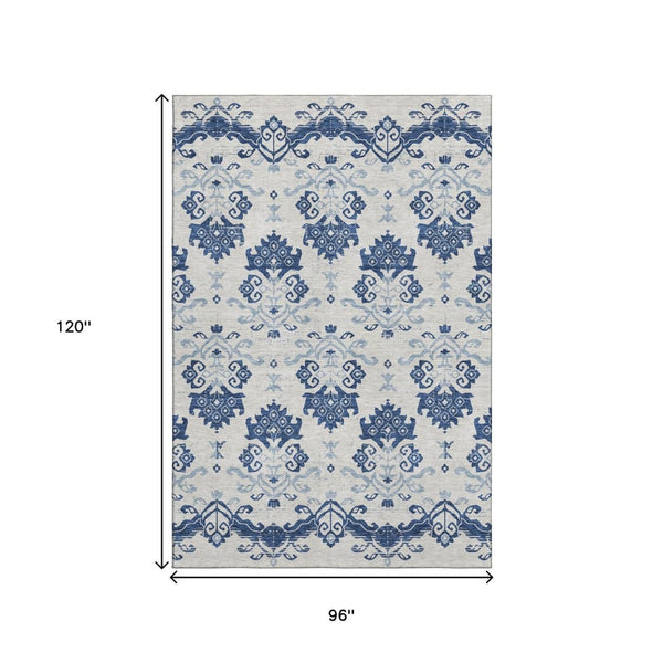 HomeRoots 8' X 10' Navy Blue & Ivory Medallion Area Rug - Washable, UV-Protected, Durable for High-Traffic Homes 663778