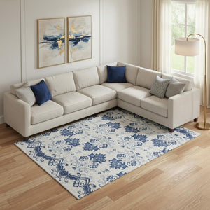 HomeRoots 8' X 10' Navy Blue & Ivory Medallion Area Rug - Washable, UV-Protected, Durable for High-Traffic Homes 663778