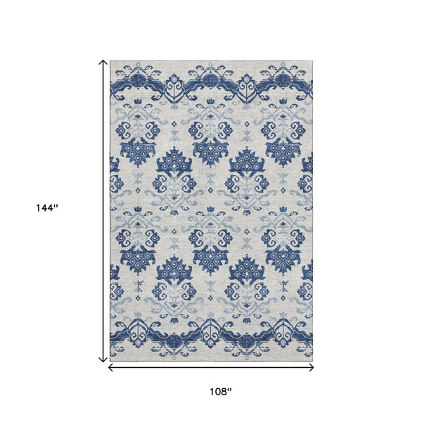 HomeRoots 9' X 12' Navy Blue Medallion Area Rug - Washable, Stain Resistant, UV Protected for High-Traffic Spaces 663779