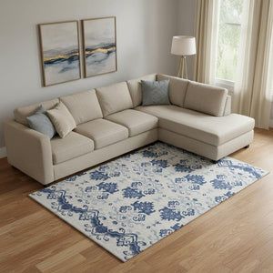 HomeRoots 9' X 12' Navy Blue Medallion Area Rug - Washable, Stain Resistant, UV Protected for High-Traffic Spaces 663779