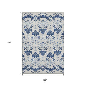 HomeRoots 10' Navy Blue & Ivory Medallion Area Rug - Washable, UV Protected, Stain Resistant for Family Spaces 663780