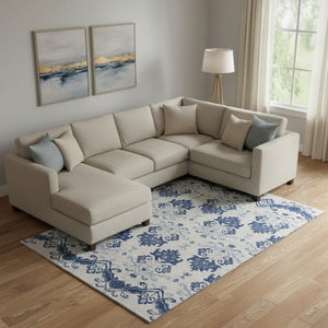 HomeRoots 10' Navy Blue & Ivory Medallion Area Rug - Washable, UV Protected, Stain Resistant for Family Spaces 663780