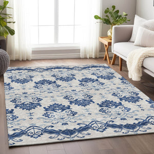 HomeRoots 10' Navy Blue & Ivory Medallion Area Rug - Washable, UV Protected, Stain Resistant for Family Spaces 663780