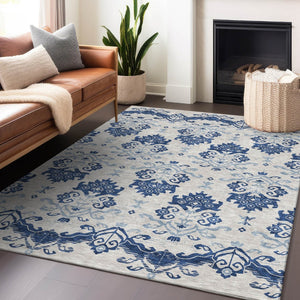 HomeRoots 10' Navy Blue & Ivory Medallion Area Rug - Washable, UV Protected, Stain Resistant for Family Spaces 663780