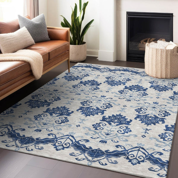 HomeRoots 10' Navy Blue & Ivory Medallion Area Rug - Washable, UV Protected, Stain Resistant for Family Spaces 663780