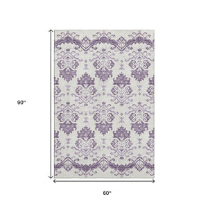 HomeRoots 5' X 8' Stylish Purple & Ivory Medallion Area Rug - Washable, UV Protected & Pet-Friendly Design 663782