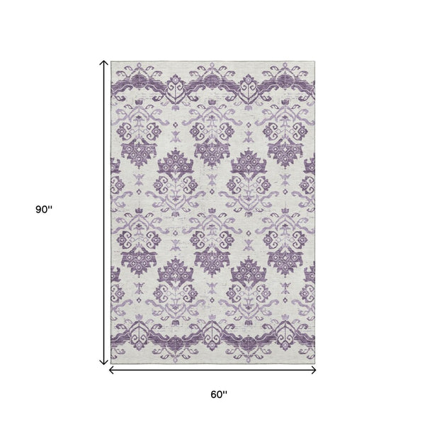 HomeRoots 5' X 8' Stylish Purple & Ivory Medallion Area Rug - Washable, UV Protected & Pet-Friendly Design 663782