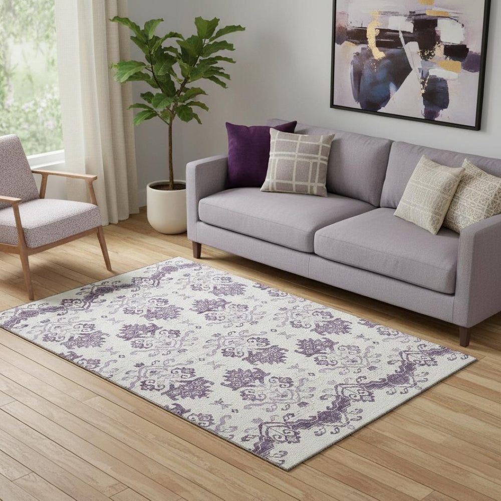 HomeRoots 5' X 8' Stylish Purple & Ivory Medallion Area Rug - Washable, UV Protected & Pet-Friendly Design 663782