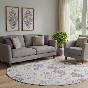 HomeRoots 8' Purple Medallion Washable Round Rug - Durable, UV-Protected, Ideal for Living Rooms & Patios! 663783