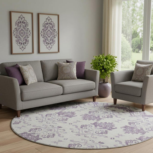 HomeRoots 8' Purple Medallion Washable Round Rug - Durable, UV-Protected, Ideal for Living Rooms & Patios! 663783