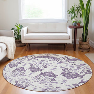 HomeRoots 8' Purple Medallion Washable Round Rug - Durable, UV-Protected, Ideal for Living Rooms & Patios! 663783