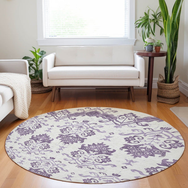 HomeRoots 8' Purple Medallion Washable Round Rug - Durable, UV-Protected, Ideal for Living Rooms & Patios! 663783
