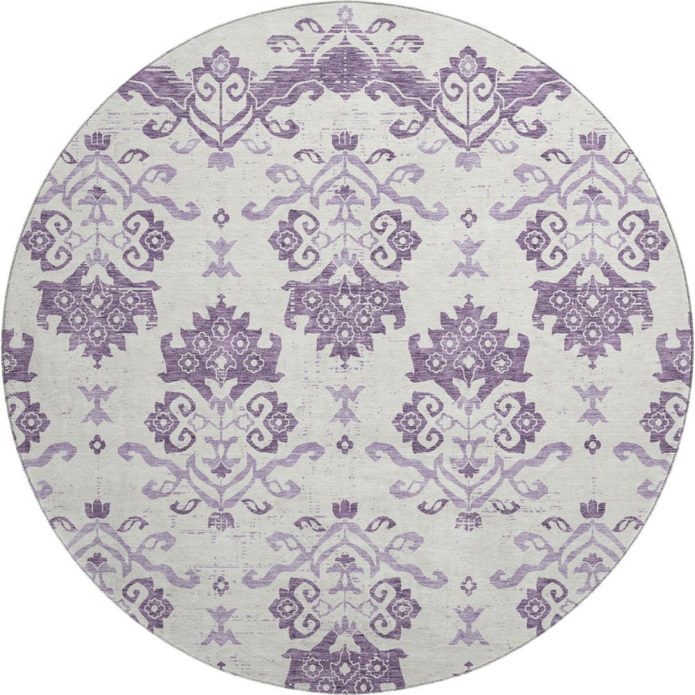 HomeRoots 8' Purple Medallion Washable Round Rug - Durable, UV-Protected, Ideal for Living Rooms & Patios! 663783