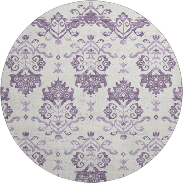 HomeRoots 8' Purple Medallion Washable Round Rug - Durable, UV-Protected, Ideal for Living Rooms & Patios! 663783