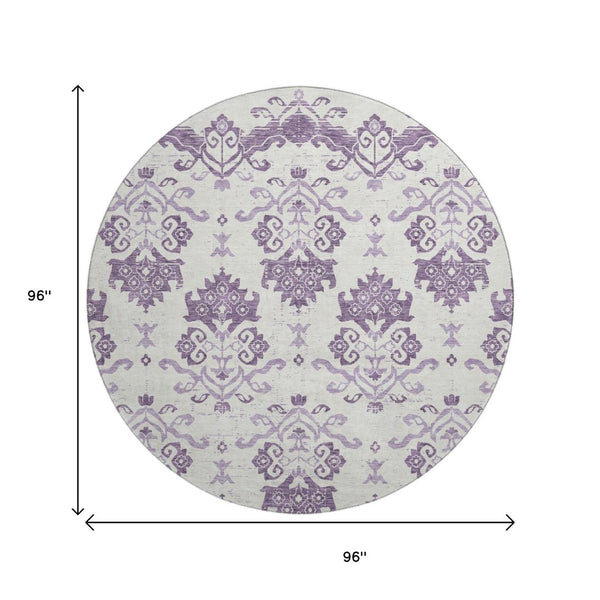 HomeRoots 8' Purple Medallion Washable Round Rug - Durable, UV-Protected, Ideal for Living Rooms & Patios! 663783