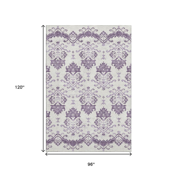 HomeRoots 8' X 10' Purple And Ivory Medallion Area Rug – Washable, UV-Protected, Stain Resistant for Family Homes 663784