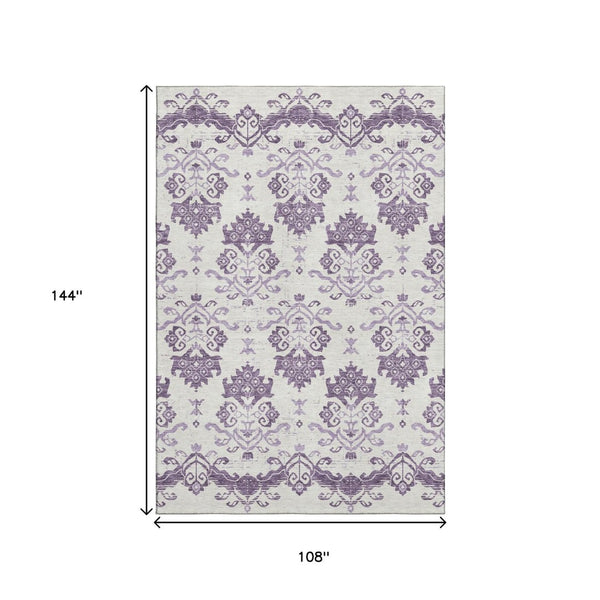 HomeRoots 9' X 12' Washable Purple & Ivory Medallion Area Rug with UV Protection for Family-Friendly Spaces 663785