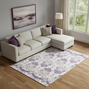 HomeRoots 9' X 12' Washable Purple & Ivory Medallion Area Rug with UV Protection for Family-Friendly Spaces 663785