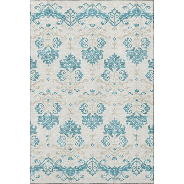 HomeRoots 5' X 8' Medallion Washable Area Rug in Teal, Ivory & Gray - Durable, UV Protected, Easy Care Design 663794