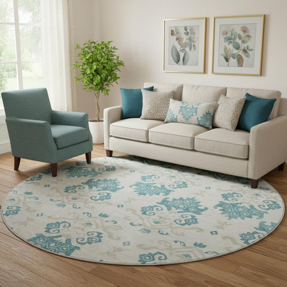 HomeRoots 8' Teal Ivory and Gray Medallion Round Rug - Washable, UV Protected, Durable & Stylish for Any Room 663795