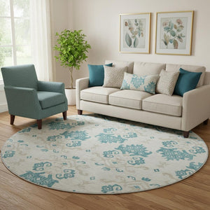 HomeRoots 8' Teal Ivory and Gray Medallion Round Rug - Washable, UV Protected, Durable & Stylish for Any Room 663795