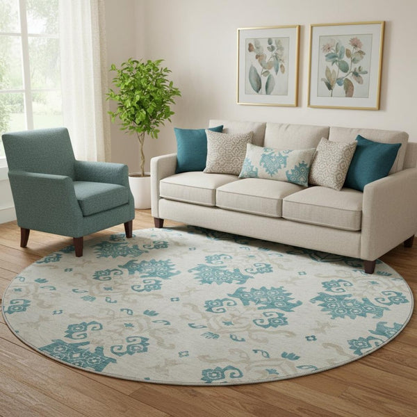 HomeRoots 8' Teal Ivory and Gray Medallion Round Rug - Washable, UV Protected, Durable & Stylish for Any Room 663795