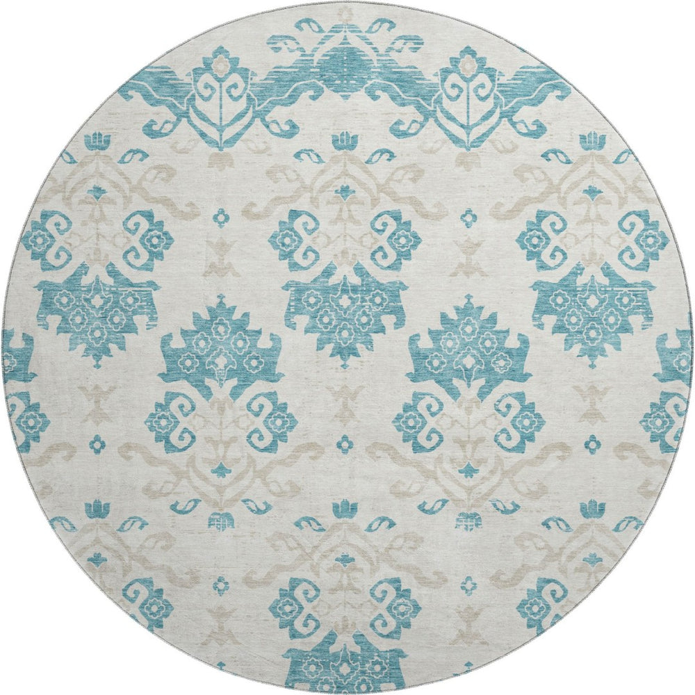 HomeRoots 8' Teal Ivory and Gray Medallion Round Rug - Washable, UV Protected, Durable & Stylish for Any Room 663795