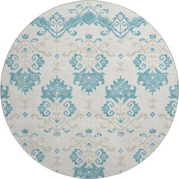 HomeRoots 8' Teal Ivory and Gray Medallion Round Rug - Washable, UV Protected, Durable & Stylish for Any Room 663795