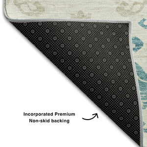 HomeRoots 8' Teal Ivory and Gray Medallion Round Rug - Washable, UV Protected, Durable & Stylish for Any Room 663795