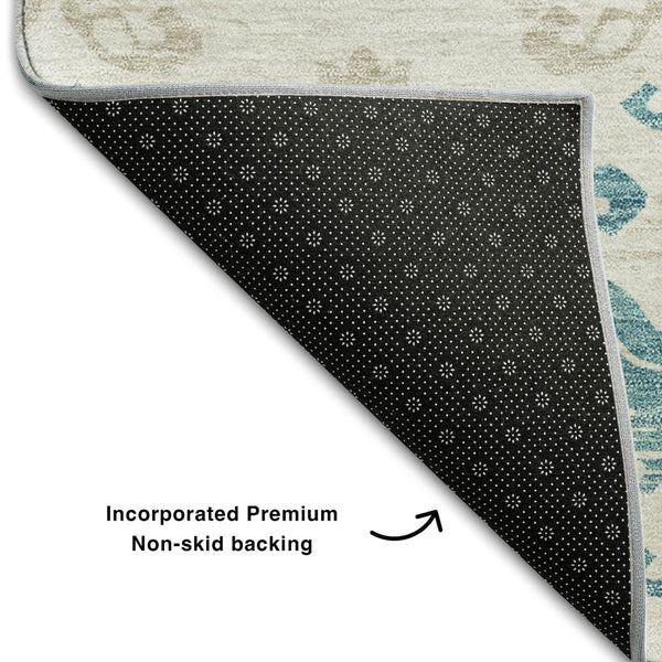 HomeRoots 8' Teal Ivory and Gray Medallion Round Rug - Washable, UV Protected, Durable & Stylish for Any Room 663795