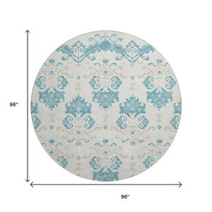 HomeRoots 8' Teal Ivory and Gray Medallion Round Rug - Washable, UV Protected, Durable & Stylish for Any Room 663795