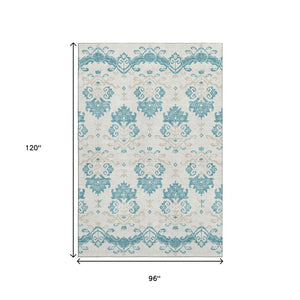 HomeRoots 8' X 10' Stylish Teal Ivory Gray Medallion Washable Area Rug - Stain Resistant & UV Protected Design 663796