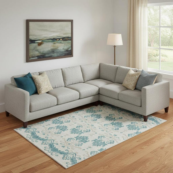 HomeRoots 8' X 10' Stylish Teal Ivory Gray Medallion Washable Area Rug - Stain Resistant & UV Protected Design 663796