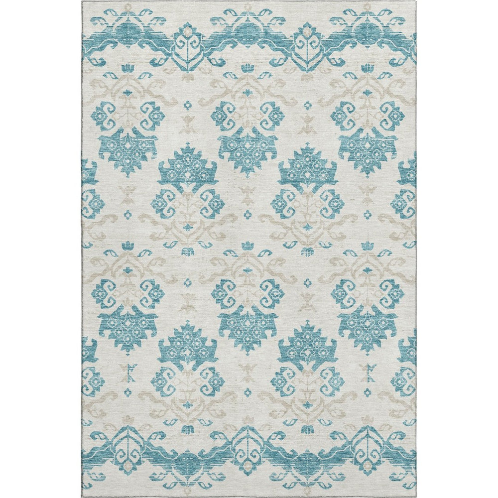HomeRoots 8' X 10' Stylish Teal Ivory Gray Medallion Washable Area Rug - Stain Resistant & UV Protected Design 663796