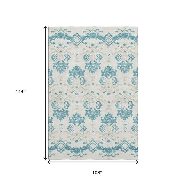 HomeRoots 9' X 12' Teal Ivory Gray Medallion Area Rug – Washable, UV Protected, Durable for Busy Homes! 663797