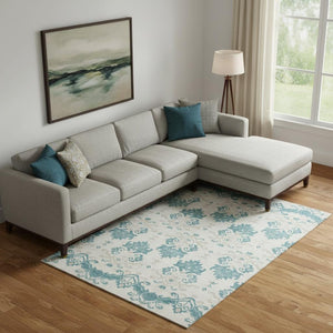HomeRoots 9' X 12' Teal Ivory Gray Medallion Area Rug – Washable, UV Protected, Durable for Busy Homes! 663797