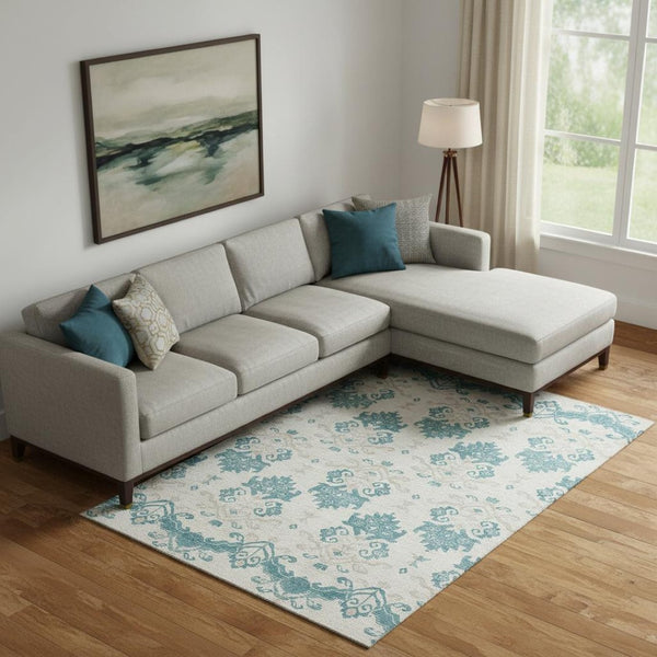 HomeRoots 9' X 12' Teal Ivory Gray Medallion Area Rug – Washable, UV Protected, Durable for Busy Homes! 663797
