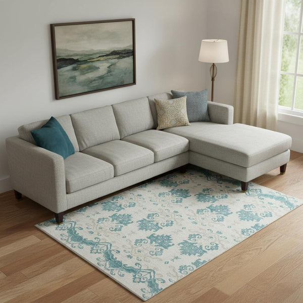 HomeRoots 10' X 14' Teal Ivory Gray Medallion Area Rug - UV Protected, Stain-Resistant, Durable & Stylish! 663798
