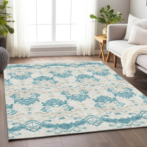 HomeRoots 10' X 14' Teal Ivory Gray Medallion Area Rug - UV Protected, Stain-Resistant, Durable & Stylish! 663798