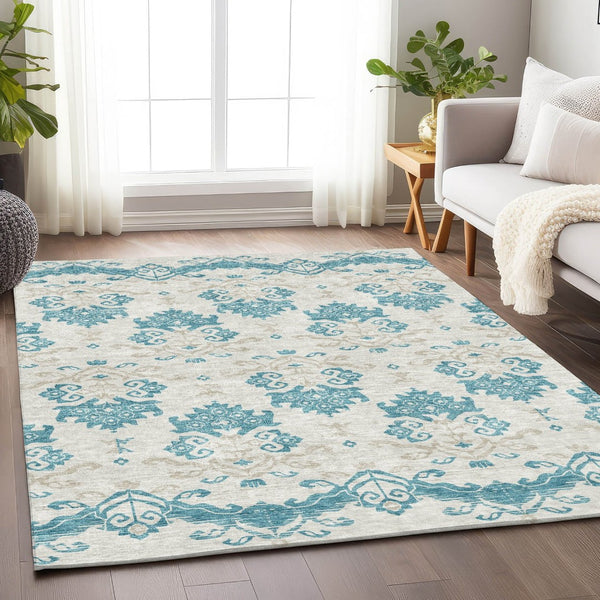 HomeRoots 10' X 14' Teal Ivory Gray Medallion Area Rug - UV Protected, Stain-Resistant, Durable & Stylish! 663798