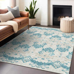 HomeRoots 10' X 14' Teal Ivory Gray Medallion Area Rug - UV Protected, Stain-Resistant, Durable & Stylish! 663798