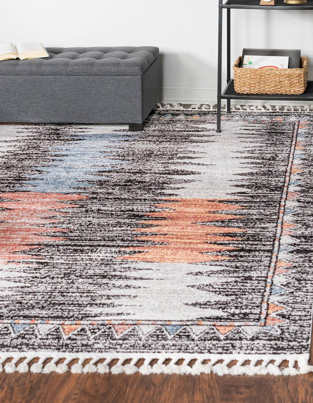 Unique Loom Aramis Landon Machine Made Tribal Rug Multi, Black/Ivory/Light Blue/Terracotta/Orange 7' 10" x 7' 10"